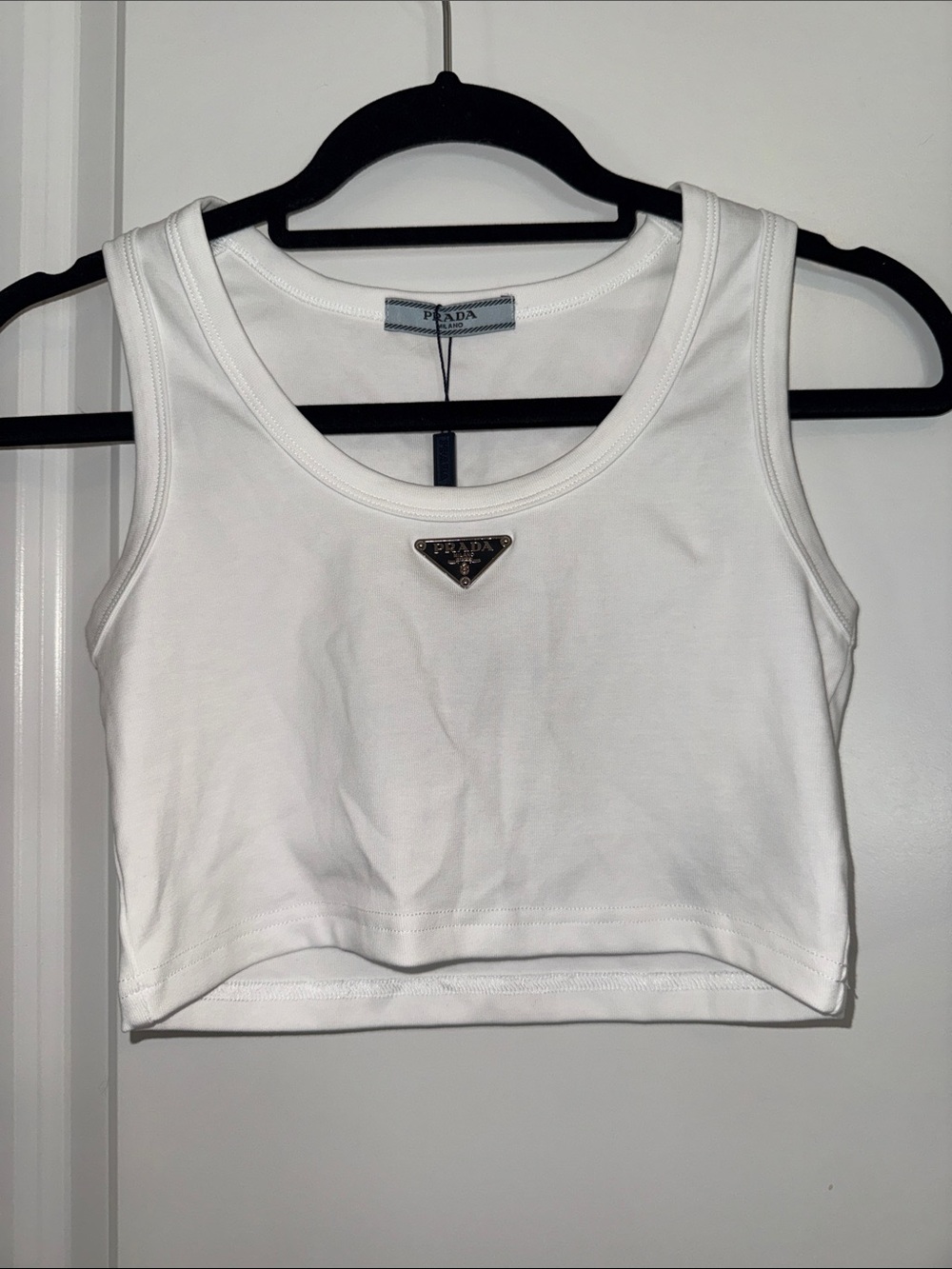 Prada White Crop Tank with Triangle Logo Plaque NWT